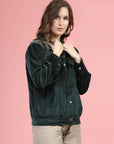 Green Self Design Spread Collar Bomber Jacket