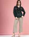 Green Self Design Spread Collar Bomber Jacket