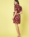 Pink Abstract Printed V-Neck Puff Sleeve Belted A-Line Dress