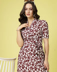 Maroon White Floral Printed V-Neck Puff Sleeves Belted A-Line Dress