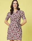 Maroon White Floral Printed V-Neck Puff Sleeves Belted A-Line Dress
