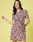 Maroon White Floral Printed V-Neck Puff Sleeves Belted A-Line Dress