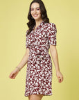 Maroon White Floral Printed V-Neck Puff Sleeves Belted A-Line Dress
