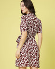 Maroon White Floral Printed V-Neck Puff Sleeves Belted A-Line Dress