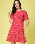 Pink Floral Printed Bell Sleeves A-Line Dress
