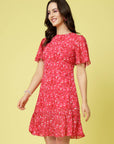Pink Floral Printed Bell Sleeves A-Line Dress