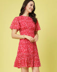 Pink Floral Printed Bell Sleeves A-Line Dress