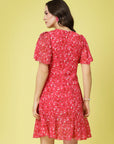 Pink Floral Printed Bell Sleeves A-Line Dress