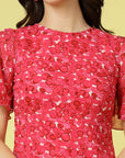 Pink Floral Printed Bell Sleeves A-Line Dress
