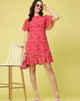 Pink Floral Printed Bell Sleeves A-Line Dress
