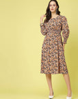 Black Orange Floral Printed Puff Sleeves Smocked Detail Fit Flare Dress