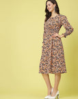 Black Orange Floral Printed Puff Sleeves Smocked Detail Fit Flare Dress