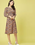 Black Orange Floral Printed Puff Sleeves Smocked Detail Fit Flare Dress
