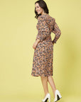 Black Orange Floral Printed Puff Sleeves Smocked Detail Fit Flare Dress