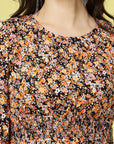 Black Orange Floral Printed Puff Sleeves Smocked Detail Fit Flare Dress