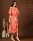 Orange Printed V-Neck Dress