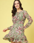 Olive Green Floral Printed Tie-Up Neck Layered Smocked Detail Fit Flare Dress