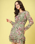Olive Green Floral Printed Tie-Up Neck Layered Smocked Detail Fit Flare Dress