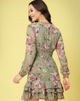 Olive Green Floral Printed Tie-Up Neck Layered Smocked Detail Fit Flare Dress