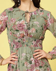 Olive Green Floral Printed Tie-Up Neck Layered Smocked Detail Fit Flare Dress