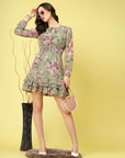 Olive Green Floral Printed Tie-Up Neck Layered Smocked Detail Fit Flare Dress