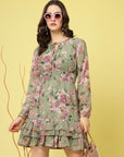 Olive Green Floral Printed Tie-Up Neck Layered Smocked Detail Fit Flare Dress