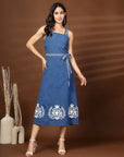 Blue Solid Self Design Shoulder Straps Dress