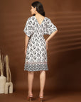 White & Black Abstract Print fit & flare V-Neck Dress