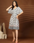 White & Black Abstract Print fit & flare V-Neck Dress