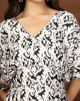 White & Black Abstract Print fit & flare V-Neck Dress