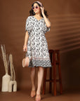 White & Black Abstract Print fit & flare V-Neck Dress