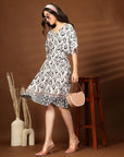 White & Black Abstract Print fit & flare V-Neck Dress