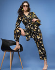 Black Yellow Floral Printed Top and Trousers