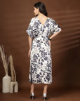 Black White Floral Print V-Neck Dress