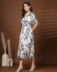 Black White Floral Print V-Neck Dress