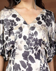 Black White Floral Print V-Neck Dress