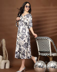 Black White Floral Print V-Neck Dress