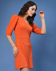 Orange V-Neck Puff Sleeves A-Line Mini Dress