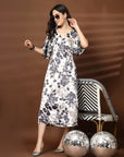 Black White Floral Print V-Neck Dress