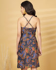 Navy Printed Shoulder Straps Sleeveless Dress
