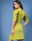 Lime Green V-Neck Puff Sleeves A-Line Mini Dress