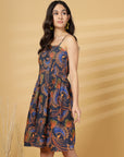 Navy Printed Shoulder Straps Sleeveless Dress