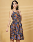 Navy Printed Shoulder Straps Sleeveless Dress