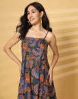 Navy Printed Shoulder Straps Sleeveless Dress