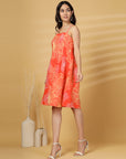 Orange Floral Print Shoulder Straps Sleeveless Dress