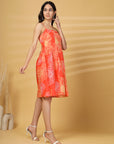 Orange Floral Print Shoulder Straps Sleeveless Dress
