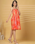 Orange Floral Print Shoulder Straps Sleeveless Dress