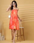 Orange Floral Print Shoulder Straps Sleeveless Dress