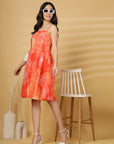 Orange Floral Print Shoulder Straps Sleeveless Dress