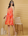 Orange Floral Print Shoulder Straps Sleeveless Dress